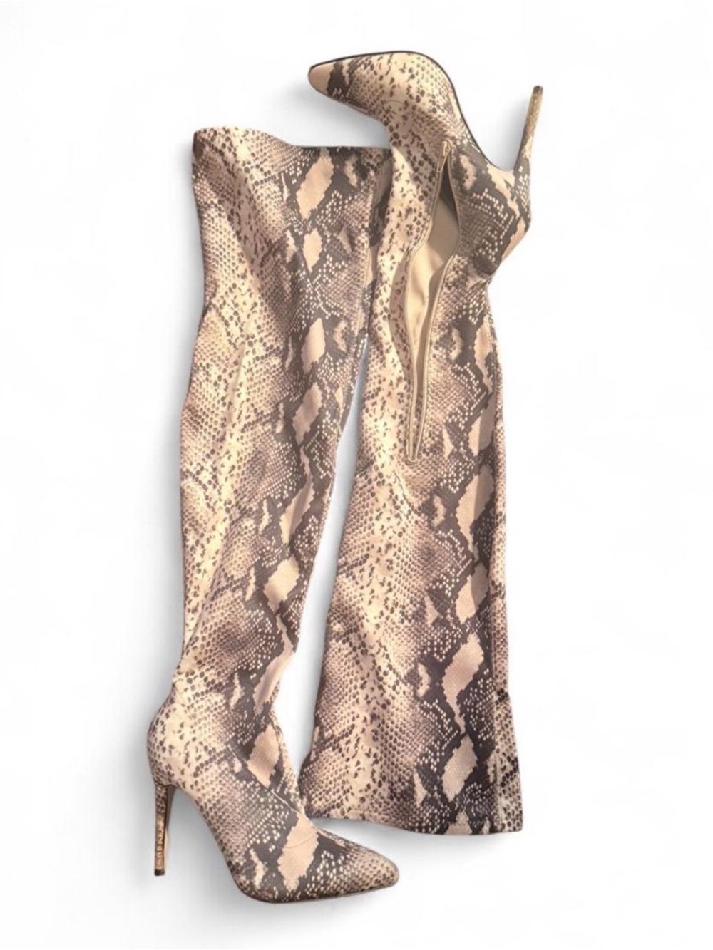 Snake Print Thigh-High Stiletto Boots - Beige Brown